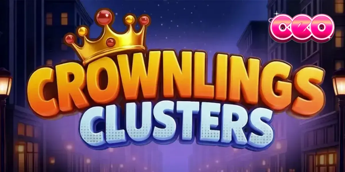 Crownlings Clusters slot game grid with colorful blob creatures and neon party theme.